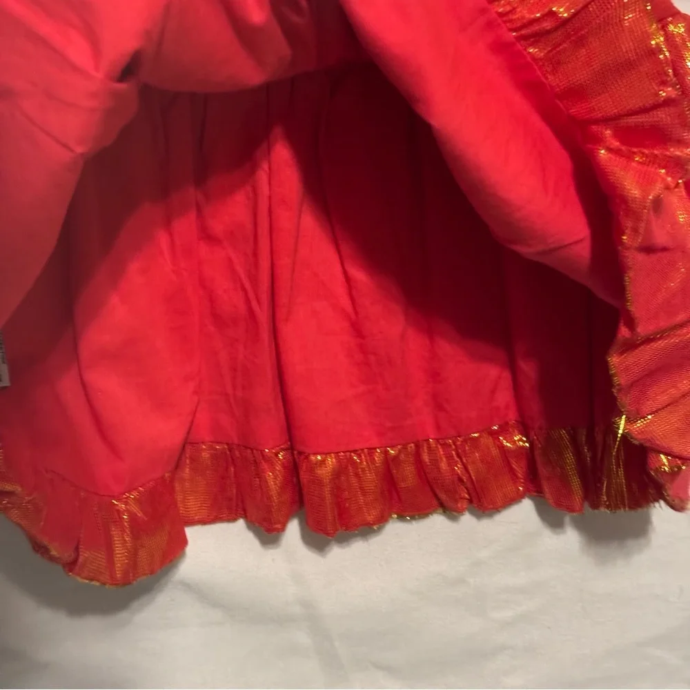 Sophie Catalou Dress Double Flounce Red L/S Floral Applique Metallic Ruffle 6